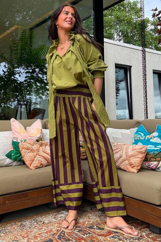 Bloc Stripe Wide Leg Pant Aubergine & Olive